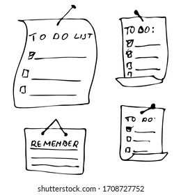 Vector isolated outline hand drawn check to do list, bullet, check mark and check box in a doodle sketch cartoon style. Paper note with task plan