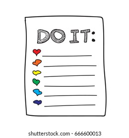 Vector isolated outline hand drawn check to do list, bullet, check mark and check box in a doodle sketch cartoon style. Paper note with task plan with heart