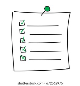 Vector Isolated Outline Hand Drawn Check To Do List, Bullet, Check Mark And Check Box In A Doodle Sketch Cartoon Style. Paper Note With Task Plan With Pin.