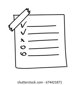 Vector Isolated Outline Hand Drawn Check To Do List, Bullet, Check Mark And Check Box In A Doodle Sketch Cartoon Style. Paper Note With Task Plan With Tape.