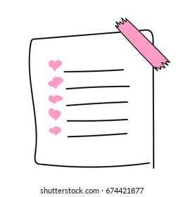 Vector isolated outline hand drawn check to do list, bullet, check mark and check box in a doodle sketch cartoon style. Paper note with task plan with heart and tape