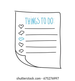 Vector isolated outline hand drawn check to do list, bullet, check mark and check box in a doodle sketch cartoon style. Paper note with task plan with heart