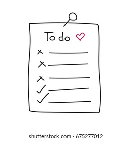 Vector Isolated Outline Hand Drawn Check To Do List, Bullet, Check Mark And Check Box In A Doodle Sketch Cartoon Style. Paper Note With Task Plan With Heart And Pin