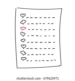 Vector isolated outline hand drawn check to do list, bullet, check mark and check box in a doodle sketch cartoon style. Paper note with task plan with heart