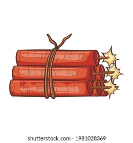 Vector isolated outline illustration on white background. Doodle image of a bundle of red dynamite or explosives. Cartoon cowboy attribute of the western world.