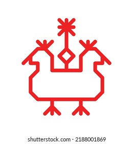 Vector isolated outline illustration with red simplified symbol of bird. Flat shape is traditional ornamental sign of Karelian and Finnish nations. Decorative icon with 2 heads for native embroidery