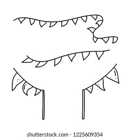 Vector isolated outline illustration of triangular flag and bunting garland, pennant. Elements for festival, sport event, birthday party flags. Doodle cartoon illustration.
