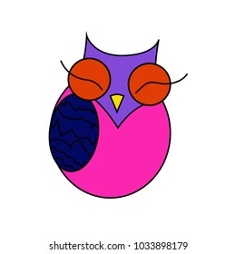 Vector isolated owl on white background. Eps - 8. Pink, violet and blue bird. Sleeping. Funny and cute. Cartoon style. For kids. For children. For books and magazines. Simple illustration