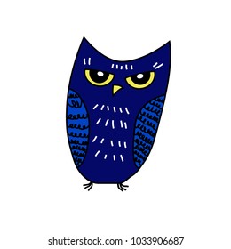 Vector isolated owl on white background. Eps - 8. Dark blue and yellow bird. Funny and cute. Cartoon style. For kids. For children. For books and magazines. Simple graphic illustration drawing