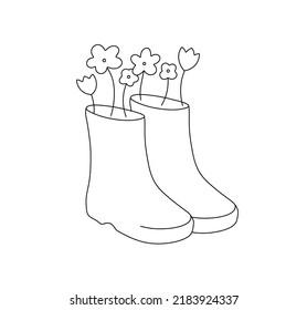 Vector isolated pair simple rubber boots and flowers colorless black   white contour line drawing