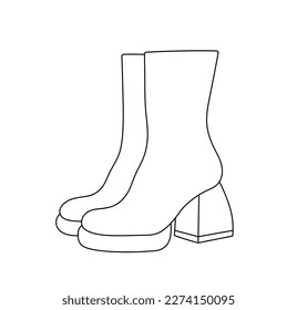 Vector isolated pair of women heeled boots with thick heels colorless black and white contour line easy drawing