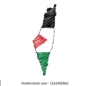 Vector of isolated Palestine map with the flag. Engraving style hatching pen pencil painting illustration concept.