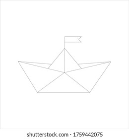 Vector isolated paper boat. Flag. Origami. Black and white illustration. Sketch. 