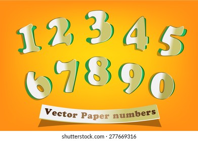 Vector isolated paper numbers 1 one 2 two 3 three 4 four 5 five 6 six 7 seven 8 eight 9 nine 0 zero on an orange background with a green substrate