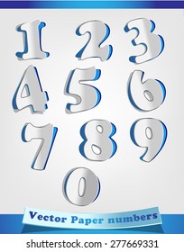 Vector isolated paper numbers 1 one 2 two 3 three 4 four 5 five 6 six 7 seven 8 eight 9 nine 0 zero on a light background with a dark blue backing
