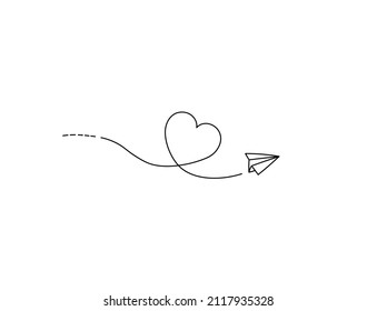 Vector Isolated Paper Origami Airplane With A Heart-shaped Trajectory Colorless Black And White Contour Line Simple Drawing