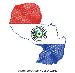 Vector of isolated Paraguay map with the flag. Engraving style hatching pen pencil painting illustration concept.