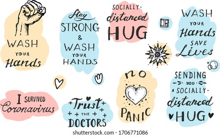 Vector Isolated Pastel Badges Set, Stickers Virus Corona Icons, No Panic Sign, Wash Hands, Trust The Doctors Emblem, Self-isolation Quarantine Covid Distancing Logo, I Survived T-shirt Design