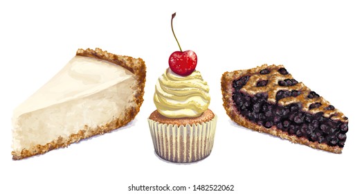 Vector isolated pattern, cheesecake, crumbly gentle wet biscuit cupcake with a stunning cream soft air cheese cream, beige color, taste like creme brulee. Juicy crumby american blueberry pie, delities