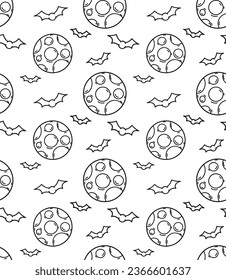 Vector isolated pattern on the white background, outline illustration of a simple Halloween bats and Moon, clipart useful for halloween party decoration, hand drawn image. SHOTLISTspooky