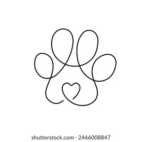 Vector isolated paw print with heart one single contemporary line colorless black and white contour line easy drawing