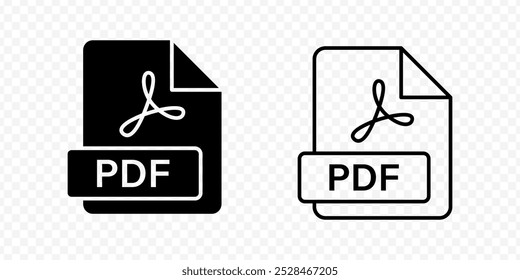 Ícone isolado de pdf vetorial definido em preenchimento e contorno pretos