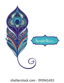 Vector isolated peacock feather.Ramadan Kareem