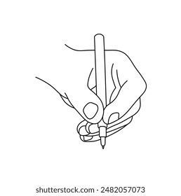 Vector isolated pen in the left hand writing left handed person colorless black and white contour line easy drawing	