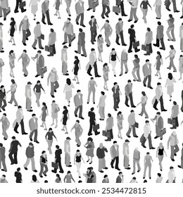 Vector isolated people silhouettes set. Crowd of people walking, standing, talking. Cartoon men and women performing outdoor activities. Isometric view. Flat gray vector illustration. Seamless texture