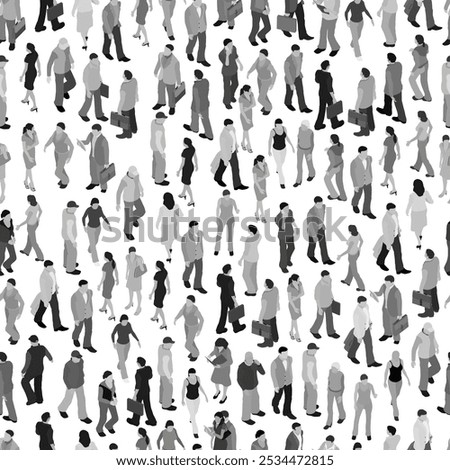 Vector isolated people silhouettes set. Crowd of people walking, standing, talking. Cartoon men and women performing outdoor activities. Isometric view. Flat gray vector illustration. Seamless texture
