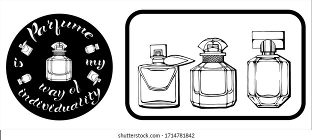 Vector isolated perfume bottles and lettering. Black colour.
