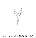 Vector isolated phoenix bird single line art drawing. Colorless black and white flying phoenix bird with outstretched wings and long tail graphic tattoo, cloth print layout, laser engraving 