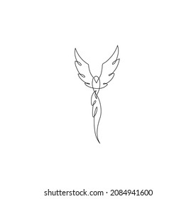 Vector isolated phoenix bird single line art drawing. Colorless black and white flying phoenix bird with outstretched wings and long tail graphic tattoo, cloth print layout, laser engraving 