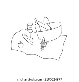 Vector isolated picnic basket with wine on the cover colorless black and white contour line doodle drawing