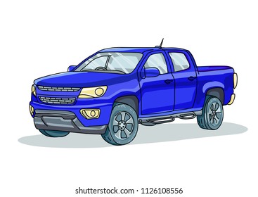 Vector isolated picture car image of a pickup model.Drawing by hand.Doodle.Bright modern car in blue