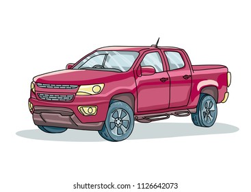 Vector isolated picture car image of a pickup model.Drawing by hand.Doodle.Bright modern car in burgundy сolour.