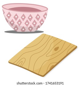 
Vector isolated pictures. Bowl and wooden board. Utensils for the kitchen in warm colors. Suitable for icons or stickers.