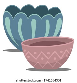 
Vector isolated pictures. Two bowls. Contrasting colors. Cooking utensils. Suitable for icons or stickers.