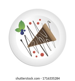 Vector isolated piece of chocolate cake on a white plate. Top view.