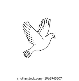 Dibujo de línea de paloma aislada del vector. Dibujo del doodle de contorno incoloro de paloma negra y blanca.
