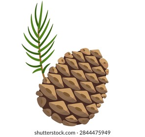 Vector isolated pine cone featuring textured scales and a tiny green needle branch