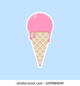 Vector isolated pink ice cream in a waffle cone. Light blue background. Flat graphics.