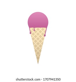 Vector isolated pink ice cream in a waffle cone. Flat graphics.