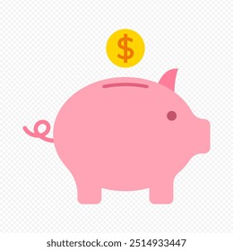 Vector isolated pink piggy bank with yellow dollar coin icon