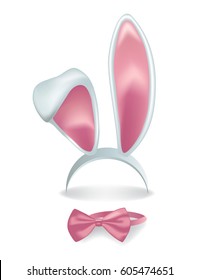 Vector  isolated pink rabbit ears with bow tie.