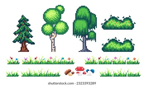 Vector isolated pixel art set of vegetation for creating game locations of 2d games. Sprites of trees, grass, mushrooms and bushes. Grass includes a tile set for various combinations and generations.