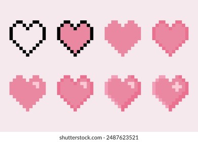 Vector isolated pixel heart symbol set. Gaming controller, symbols 8 bit style. For game development, mobile app,scrapbooking, graphic, social media