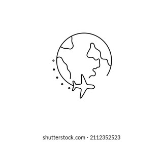 Vector isolated plane flying around the world colorless black and white line drawn icon, logotype, symbol