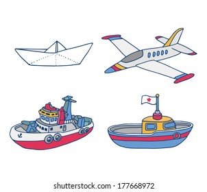 Vector isolated plane and ships toys icons set