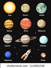 Vektoreinzelne Planeten und astronomische Körper, farbenfrohe Flach-Illustrationen. Alle Planeten des Sonnensystems (plus Mond und Pluto). Wissenschaft, Astronomie, Bildungsobjekte.